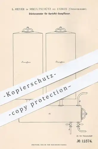 original Patent - L. Heyer , Mikultschütz / Zabrze , Oberschlesien , 1880 , Stärkesammler für Kartoffel - Dampffass !!