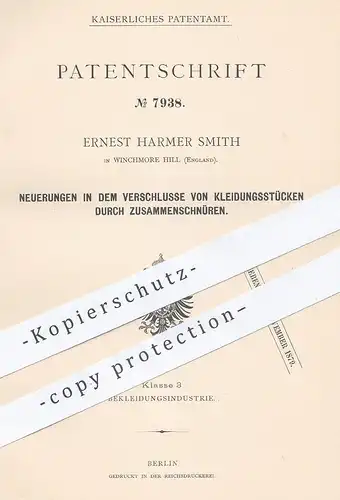 original Patent - Ernest Harmer Smith , Winchmore Hill , England , Kleidungsstück - Verschluss | Bekleidung , Schneider