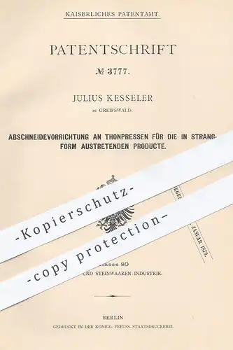 original Patent - Julius Kesseler , Greifswald , Mecklenburg , 1878 , Tonpresse | Ton , Thon , Keramik , Dachziegel !!!