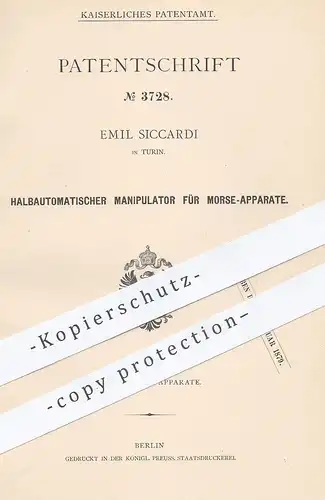original Patent - Emil Siccardi , Turin , Italien , 1877 , Halbautomatischer Manipulator für Morse - Apparat | Morsen !!