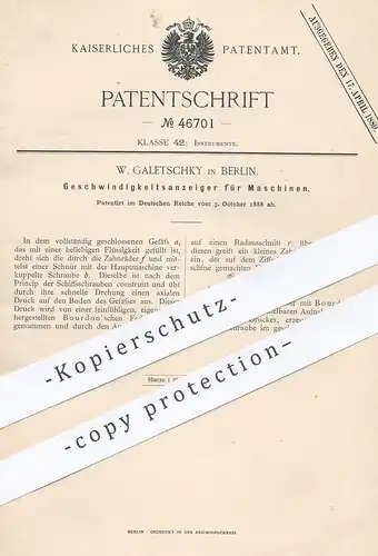 original Patent - W. Galetschky , Berlin , 1888 , Geschwindigkeitsanzeiger für Maschinen | Tacho , Tachometer | Bourdon