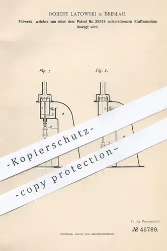 original Patent - Robert Latowski , Breslau , 1888 , Fallwerk , Fallhammer per Kraftmaschine | Gas , Dampf | Motor !!!
