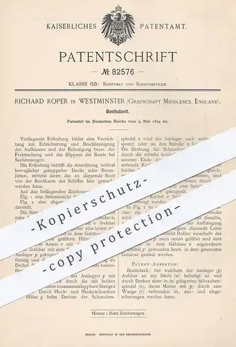 original Patent - Richard Roper , Westminster , Middlesex , England , 1894 , Bootsdavit | Boot , Schiff , Segelboot