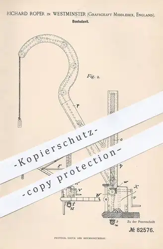 original Patent - Richard Roper , Westminster , Middlesex , England , 1894 , Bootsdavit | Boot , Schiff , Segelboot