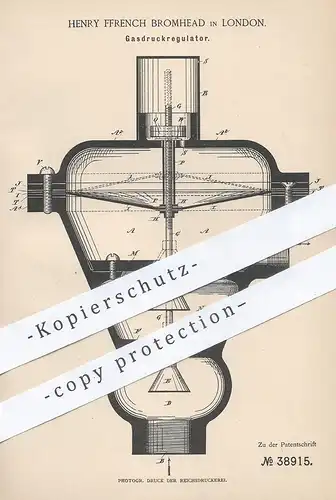 original Patent - Henry Ffrench Bromhead , London , England , 1886 , Gasdruckregulator | Gas - Druckregulator | Gasmotor