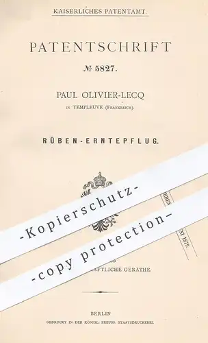 original Patent - Paul Olivier Lecq , Templeuve , Frankreich 1878 , Rüben  Erntepflug | Pflug , Landwirtschaft , Pflügen