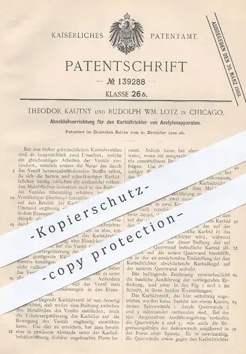 original Patent - Theodor Kautny , Rudolph WM. Lotz , Chicago , 1900 , Abschluss für Karbidtrichter am Acetylenapparat