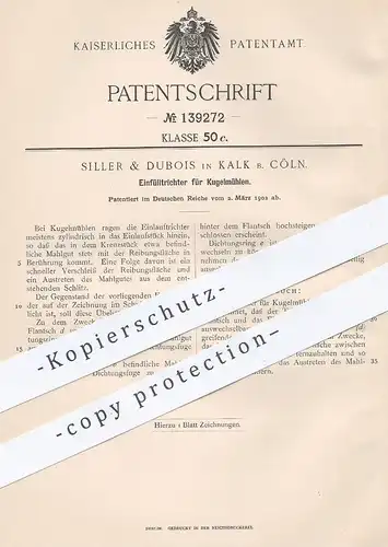 original Patent - Siller & Dubois , Köln / Kalk , 1902 , Einfülltrichter für Kugelmühlen | Mühle , Mühlen , Trichter !!