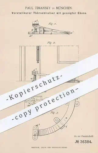 original Patent - Paul Timansky , München , 1886 , Verstellbarer Türschließer mit geneigter Ebene | Tür , Türen !!