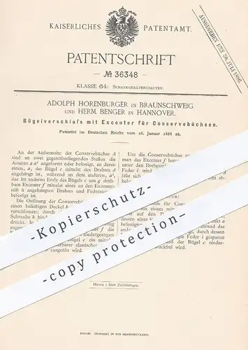 original Patent - Adolph Horenburger , Braunschweig | Herm. Benger , Hannover , 1886 , Verschluss für Konservebüchsen !!