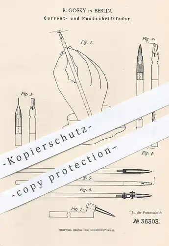 original Patent - R. Grosky , Berlin , 1886 , Kurrentfeder , Rundschriftfeder | Schreibfeder , Federhalter , Füllhalter