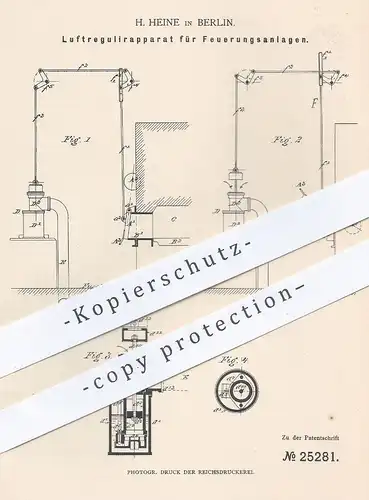 original Patent - H. Heine , Berlin , 1883 , Luftregulierung an Feuerungsanlagen | Feuerung , Lüftung , Ofen , Ofenbauer