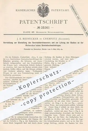original Patent - J. E. Reinecker , Chemnitz / Sachsen , 1883 , Gewinde - Durchmesser an Gewindeschneidkluppe | Metall !