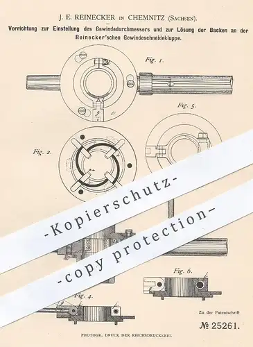 original Patent - J. E. Reinecker , Chemnitz / Sachsen , 1883 , Gewinde - Durchmesser an Gewindeschneidkluppe | Metall !