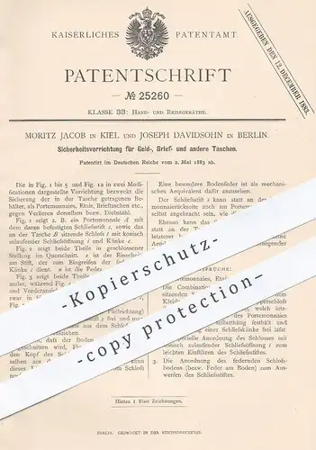 original Patent - Moritz Jacob , Kiel | Joseph Davidsohn , Berlin , 1883 , Sicherung an Geldbörse , Brieftasche , Tasche