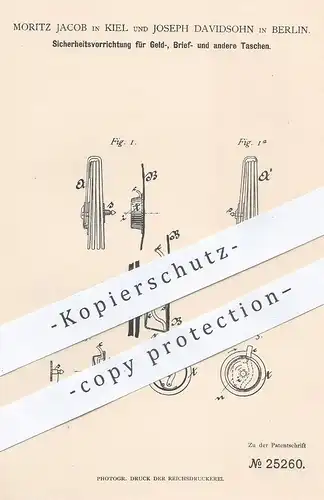 original Patent - Moritz Jacob , Kiel | Joseph Davidsohn , Berlin , 1883 , Sicherung an Geldbörse , Brieftasche , Tasche