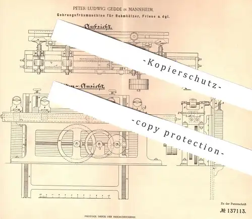 original Patent - Peter Ludwig Gedde , Mannheim , 1902 , Gehrungsfräsmaschine | Gehrung - Fräsen | Holz , Tischler