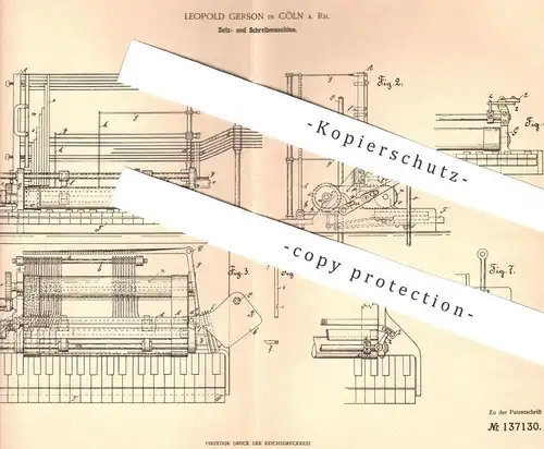 original Patent - Leopold Gerson , Köln / Rhein , 1901 , Setzmaschine u. Schreibmaschine | Druck , Druckerei !!!