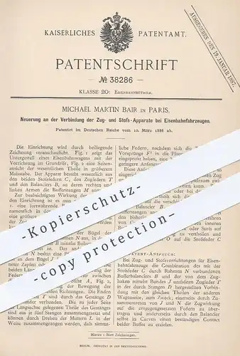 original Patent - Michael Martin Bair , Paris , 1886 , Verbindung der Zug- u. Stoß-Apparate bei Eisenbahnen | Eisenbahn