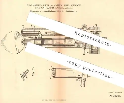 original Patent - Elias Arthur Jukes & A. J. Johnson , St. Catharines , Ontario , Kanada , 1886 , Ventile für Gasbrenner