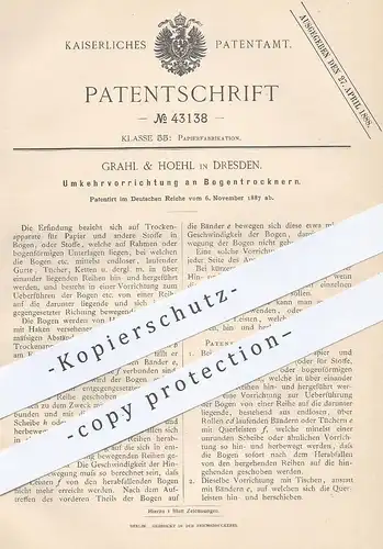 original Patent - Grahl & Hoehl , Dresden , 1887 , Umkehrvorrichtung am Bogentrockner | Papierfabrik , Papier !!