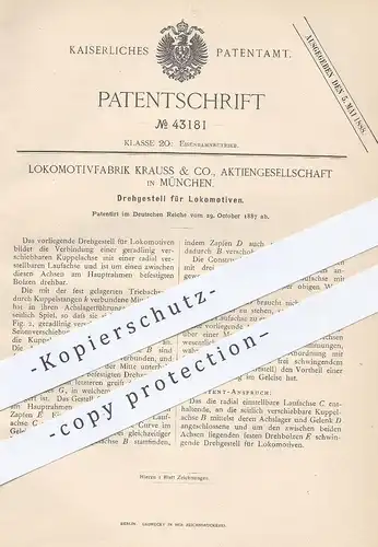 original Patent - Lokomotivfabrik Krauss & Co. AG , München , 1887 , Drehgestell f. Lokomotiven | Lokomotive , Eisenbahn