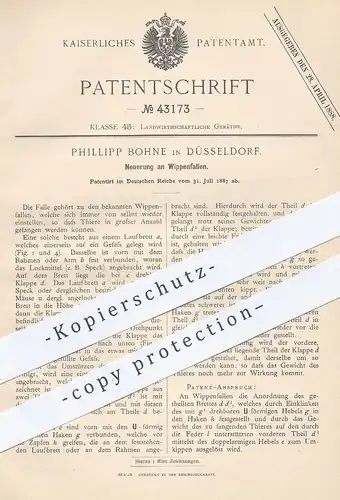 original Patent - Phillipp Bohne , Düsseldorf , 1887 , Wippenfalle | Wippe | Tierfalle , Tier , Jäger , Förster !!!