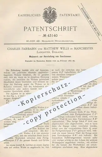 original Patent - Charles Fairbairn , Matthew Wells , Manchester , Lancaster , England , 1887 , Walzwerk für Geschosse