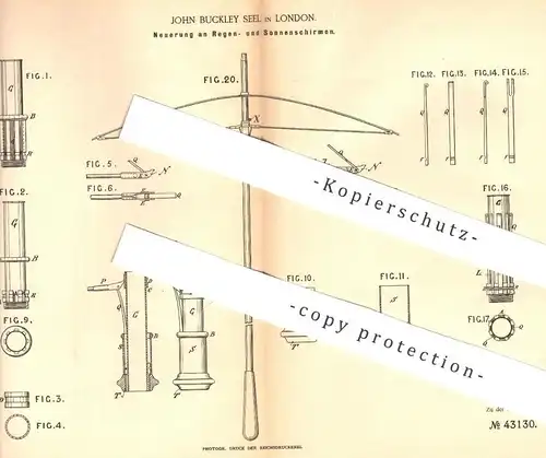 original Patent - John Buckley Seel , London , England , 1887 , Regenschirm , Sonnenschirm | Schirm , Schirme !!!