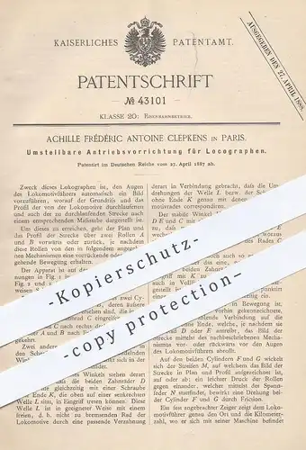 original Patent - Achille Frédéric Antoine Clepkens , Paris Frankreich , 1887 , Antrieb für Locograph | Eisenbahn , Lok
