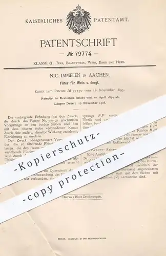 original Patent - Nic. Immelen , Aachen 1894 , Filter für Wein | Filtrieren , Filtern | Winzer , Bier , Brauerei , Sekt