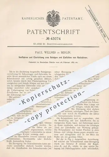 original Patent - Paul Willner , Berlin , 1887 , Reinigen u. Einfetten der Zahnräder | Zahnrad | Bürste , Borstenwaren !