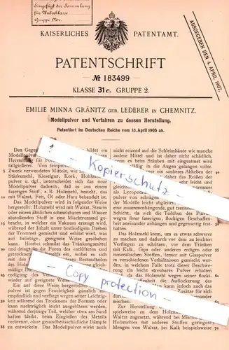 original Patent - Emilie Minna Gränitz in Chemnitz , 1905 , Modellpulver und Verfahen zu dessen Herstellung !!!
