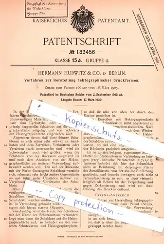 original Patent - H. Hurwitz & Co. in Berlin , 1905 , Herstellung hektographischer Druckformen !!!