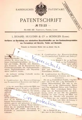 original Patent - L. Durand, Huguenin & Cie in Hünningen , Elsass , 1893 , Darstellung von Disazofarbstoffen !!!