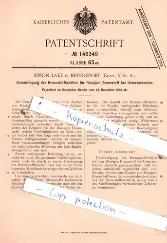 original Patent - Simon Lake in Bridgeport , USA , 1902 , Unterbringung der Brennstoffbehälter !!!