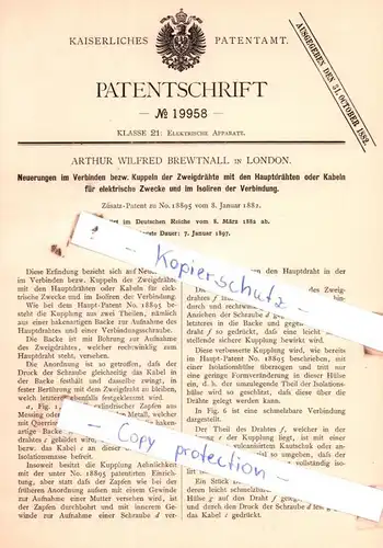 original Patent - Arthur Wilfred Brewtnall in London , 1882 , Elektrische Apparate !!!