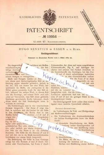 original Patent - Hugo Senstius in Essen a. d. Ruhr , 1882 , Gestängeschlösser !!!