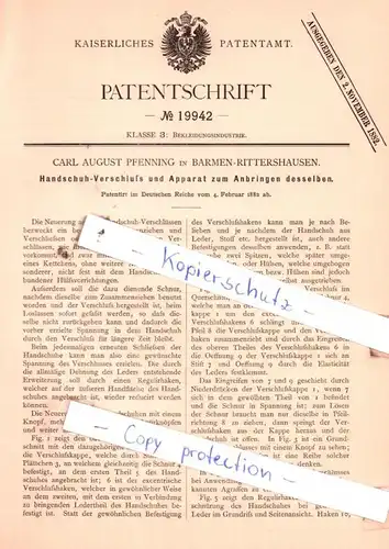 original Patent - Carl August Pfenning in Barmen-Rittershausen , 1882 , Brkleidungsindustrie !!!