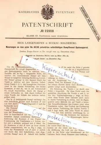 original Patent - Rich. Langensiepen in Buckau-Magdeburg  , 1882 , Neuerungen an dem Dampfkessel-Speiseapparat !!!