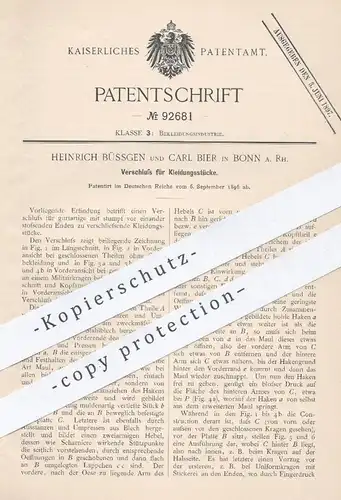 original Patent - Heinrich Büssgen , Carl Bier , Bonn / Rhein , 1896 , Verschluss für Kleidung | Mode , Schneider !!!