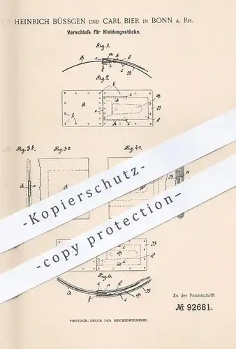 original Patent - Heinrich Büssgen , Carl Bier , Bonn / Rhein , 1896 , Verschluss für Kleidung | Mode , Schneider !!!
