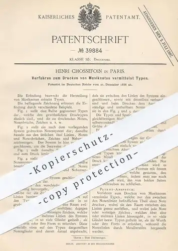 original Patent - Henri Chossefoin , Paris , 1886 , Drucken von Musiknoten mittels Typen | Druck , Druckerei , Noten !