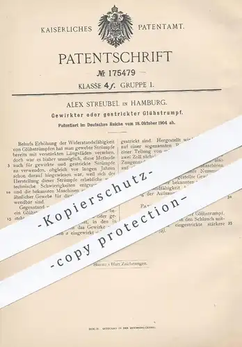 original Patent - Alex Streubel , Hamburg , 1904 , Gewirkter o. gestrickter Glühstrumpf | Strumpf , Stricken , Mode !!