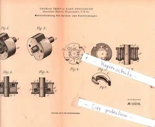 original Patent - Thomas Tripp in East Stoughton , 1880 , Metalldichtung für Kolben- und Ventilstangen !!!