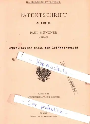 original Patent - Paul Münzner in Berlin , 1880 , Sprungfedermatratze zum Zusammenrollen !!!