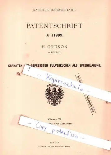original Patent - H. Gruson in Buckau , 1879 , Granaten mit gepreßten Pulverkuchen als Sprengladung !!!