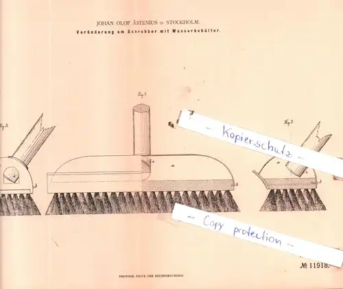 original Patent -  Johan Olof Ästenius in Stockholm , 1880 , Veränderungen am Schrubber mit Wasserbehälter !!!