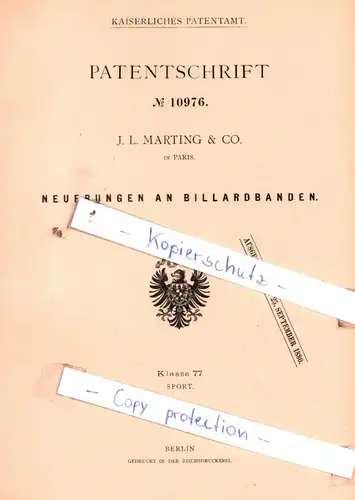 original Patent - J. L. Marting & Co. in Paris , 1880 , Neuerungen an Billardbahnen !!!