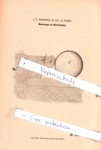 original Patent - J. L. Marting & Co. in Paris , 1880 , Neuerungen an Billardbahnen !!!